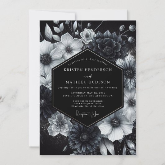 Black Ethereal Bloom Wedding Einladung (Vorderseite)