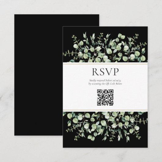 Black Eucalyptus QR Code Wedding RSVP Begleitkarte (Vorne/Hinten)
