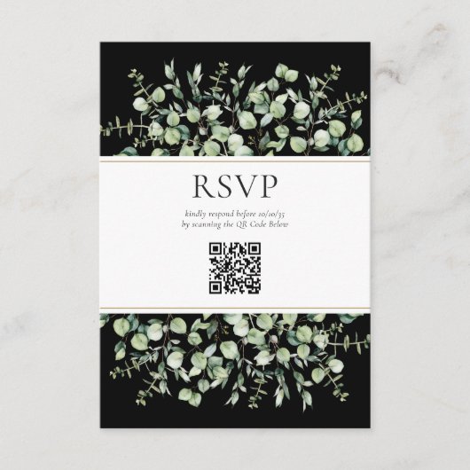 Black Eucalyptus QR Code Wedding RSVP Begleitkarte (Vorderseite)