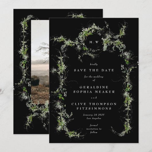 Black Eucalyptus Wreath Monogram Photo Wedding Save The Date (Vorne/Hinten)