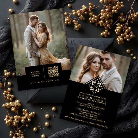 Black Exquisite Simple Wedding Botanical Monogram Folieneinladung