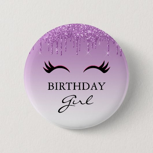 Black Eyelashes und Lila Glitzer Birthday Girl Button (Vorderseite)