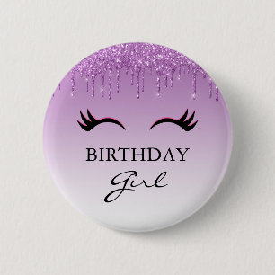 Black Eyelashes und Lila Glitzer Birthday Girl Button