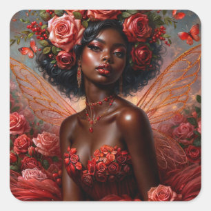 Black Fairy Art mit Rote Rosen Quadratischer Aufkleber