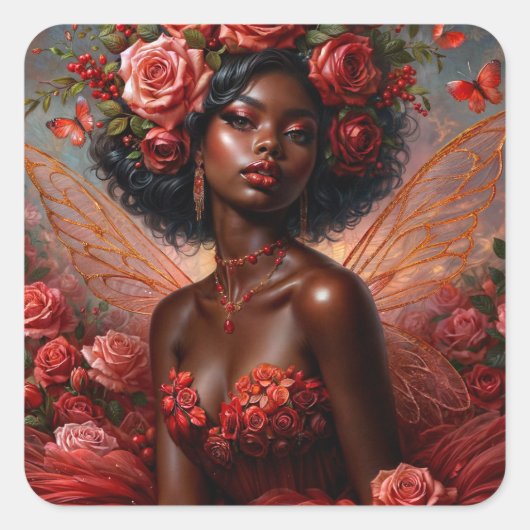 Black Fairy Art mit Rote Rosen Quadratischer Aufkleber (Vorderseite)