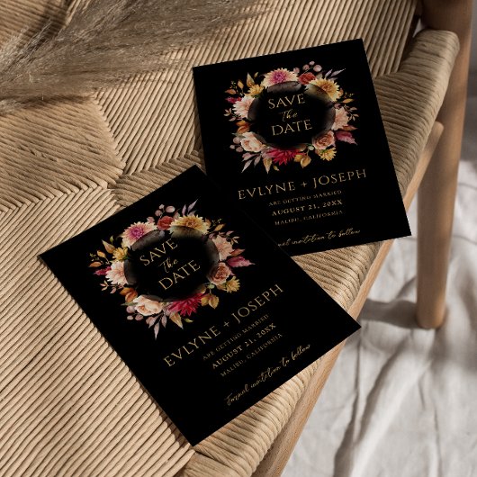 Black Fall Floral Moderne Dunkle Boho Hochzeit Save The Date