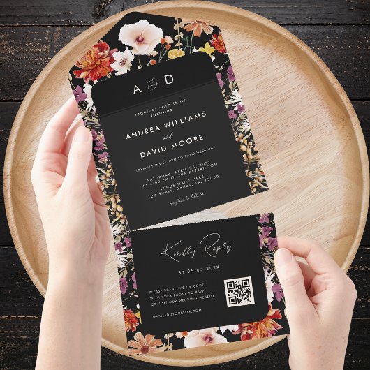 Black Fall Wildblumen Botanischer QR Code Hochzeit All In One Einladung