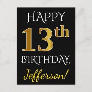Black, Falsch Gold 13th Birthday + Custom Name Postkarte
