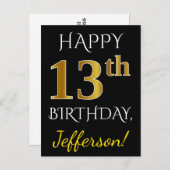 Black, Falsch Gold 13th Birthday + Custom Name Postkarte (Vorne/Hinten)
