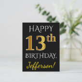 Black, Falsch Gold 13th Birthday + Custom Name Postkarte (Stehend Vorderseite)