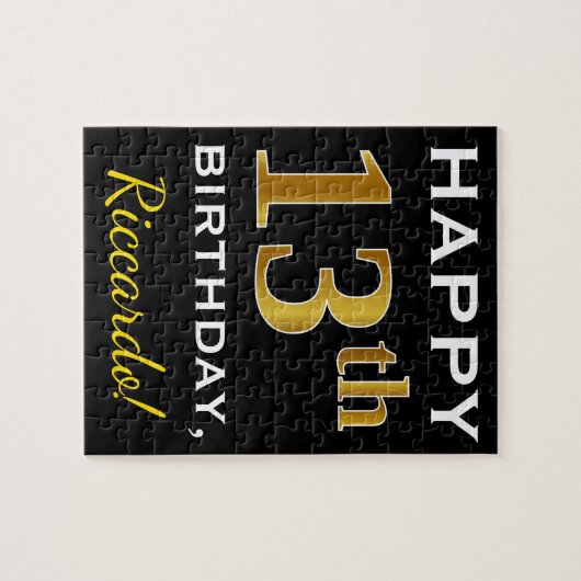 Black, Falsch Gold 13th Birthday + Custom Name Puzzle (Horizontal)