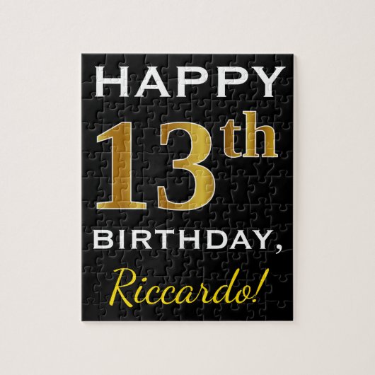Black, Falsch Gold 13th Birthday + Custom Name Puzzle (Vertikal)