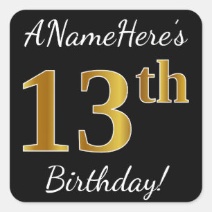 Black, Falsch Gold 13th Birthday + Custom Name Quadratischer Aufkleber