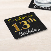 Black, Falsch Gold 13th Birthday + Custom Name Rechteckiger Pappuntersetzer (angewinkelt)