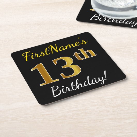 Black, Falsch Gold 13th Birthday + Custom Name Rechteckiger Pappuntersetzer (angewinkelt)