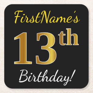 Black, Falsch Gold 13th Birthday + Custom Name Rechteckiger Pappuntersetzer