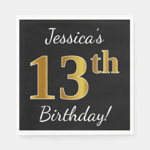 Black, Falsch Gold 13th Birthday + Custom Name Serviette