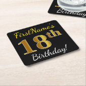 Black, Falsch Gold 18th Birthday + Custom Name Rechteckiger Pappuntersetzer (angewinkelt)