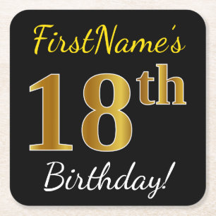 Black, Falsch Gold 18th Birthday + Custom Name Rechteckiger Pappuntersetzer