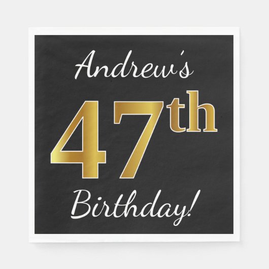 Black, Faux Gold 47th Birthday + Custom Name Serviette (Vorderseite)