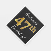 Black, Faux Gold 47th Birthday + Custom Name Serviette (Ecke)