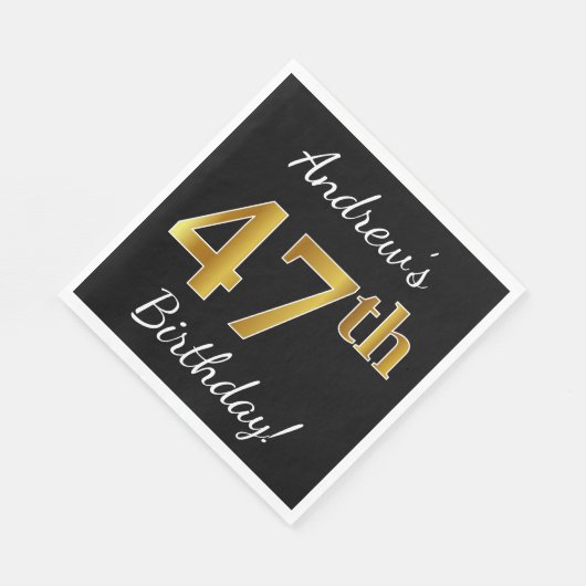 Black, Faux Gold 47th Birthday + Custom Name Serviette (Ecke)