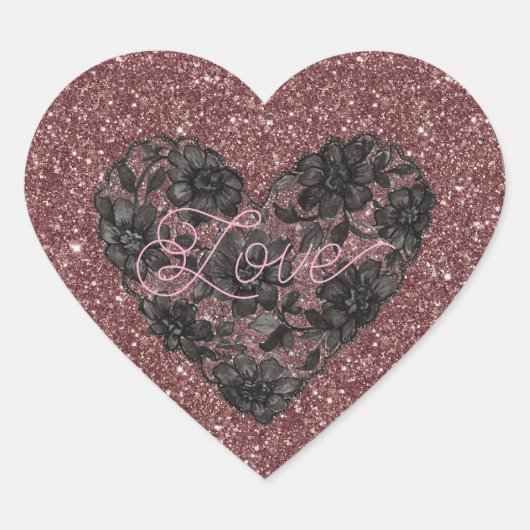 Black Faux Lace Heart Floral Herz-Aufkleber (Vorderseite)