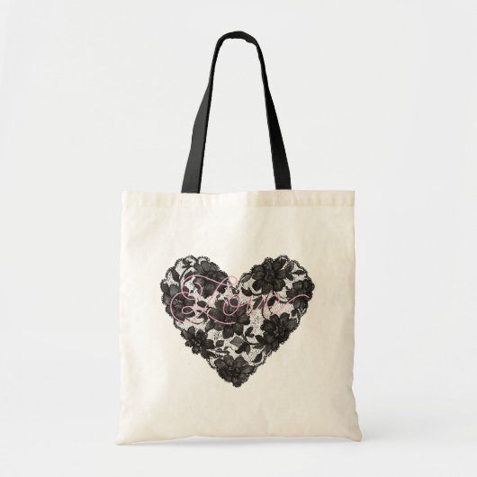 Black Faux Lace Heart Floral Tragetasche (Vorne)