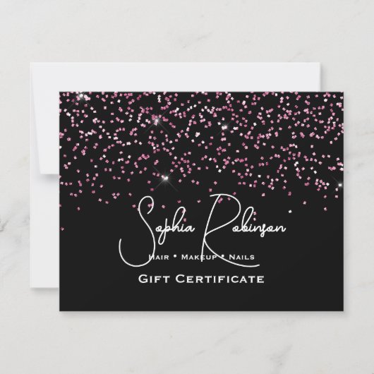 Black & Faux Pink Glitter Gift Certificate Card Einladung (Vorderseite)