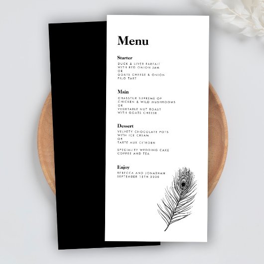 Black Feather Modern Wedding Menu Card Menükarte