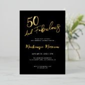Black Fifty and Fabulous Script Birthday Folieneinladung (Stehend vorne)