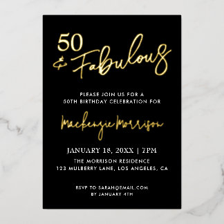 Black Fifty and Fabulous Script Birthday Folieneinladung