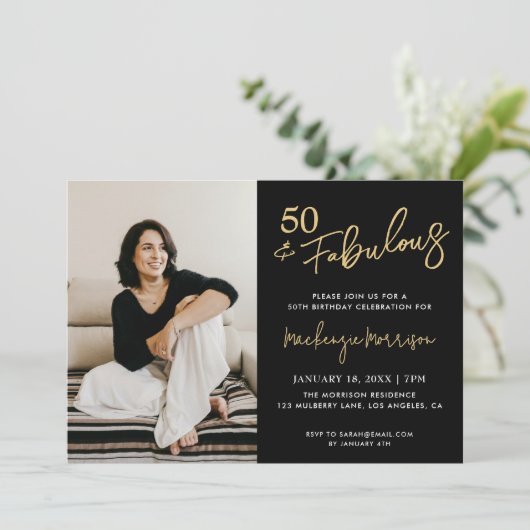 Black Fifty and Fabulous Script Birthday Party Einladung (Stehend Vorderseite)