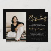Black Fifty and Fabulous Script Birthday Party Einladung (Vorne/Hinten)