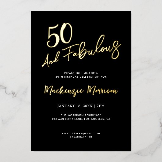 Black Fifty and Fabulous Script Birthday Party Folieneinladung (Vorderseite)