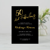Black Fifty and Fabulous Script Birthday Party Folieneinladung (Stehend vorne)