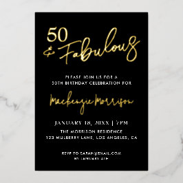 Black Fifty and Fabulous Script Birthday Party Folieneinladung