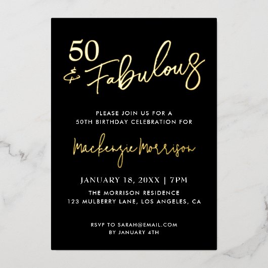 Black Fifty and Fabulous Script Birthday Party Folieneinladung (Vorderseite)