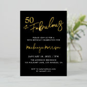 Black Fifty and Fabulous Script Birthday Party Folieneinladung (Stehend vorne)