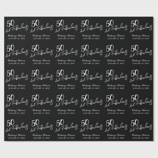 Black Fifty and Fabulous Script Birthday Party Geschenkpapier (Flach)