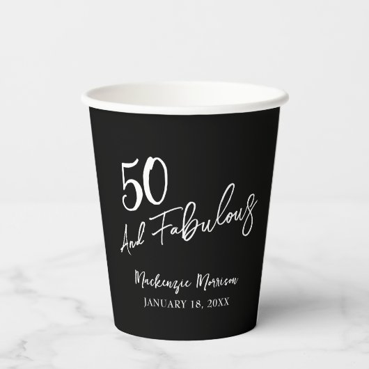 Black Fifty and Fabulous Script Birthday Party Pappbecher (Rückseite)