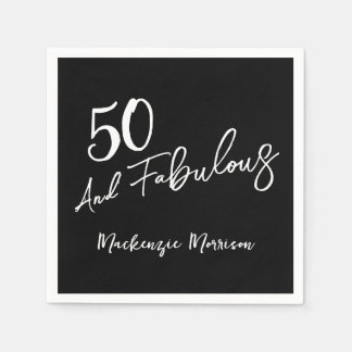 Black Fifty and Fabulous Script Birthday Party Serviette