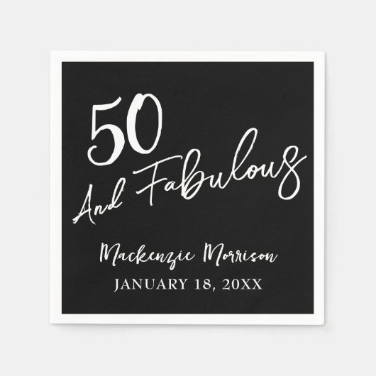 Black Fifty and Fabulous Script Birthday Party Serviette (Vorderseite)
