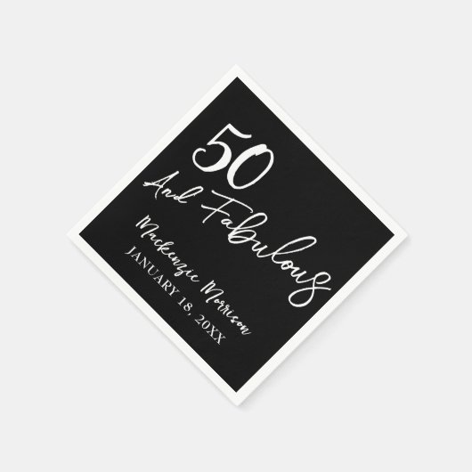 Black Fifty and Fabulous Script Birthday Party Serviette (Ecke)