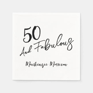 Black Fifty and Fabulous Script Birthday Party Serviette