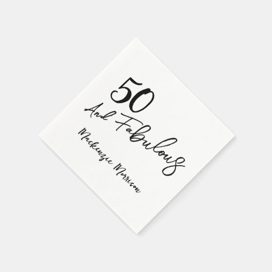 Black Fifty and Fabulous Script Birthday Party Serviette (Ecke)