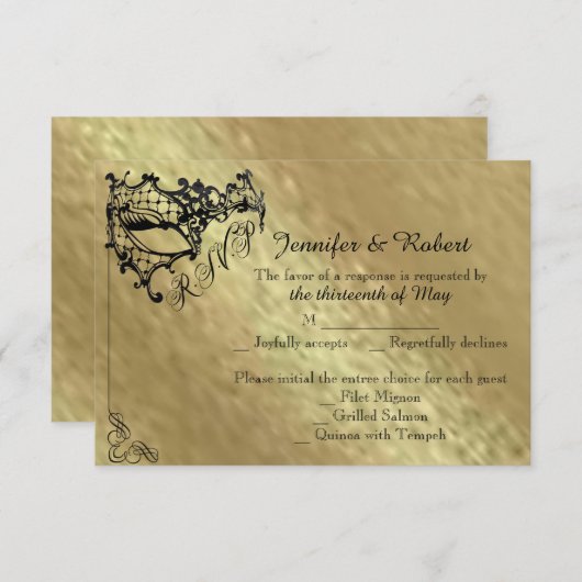 Black Filigree Maske auf Gold Response Card RSVP Karte (Vorne/Hinten)