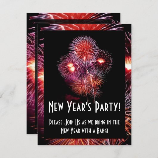 Black Fireworks New Years Party Kleine Einladung (Vorne/Hinten)