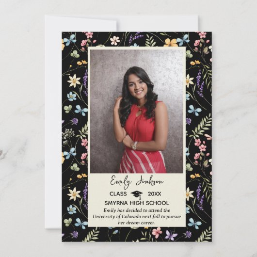 Black Floral 1 Foto Abschluss Ankündigung Invit (Rückseite)