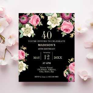 Black Floral 40. Budget Geburtstagseinladung